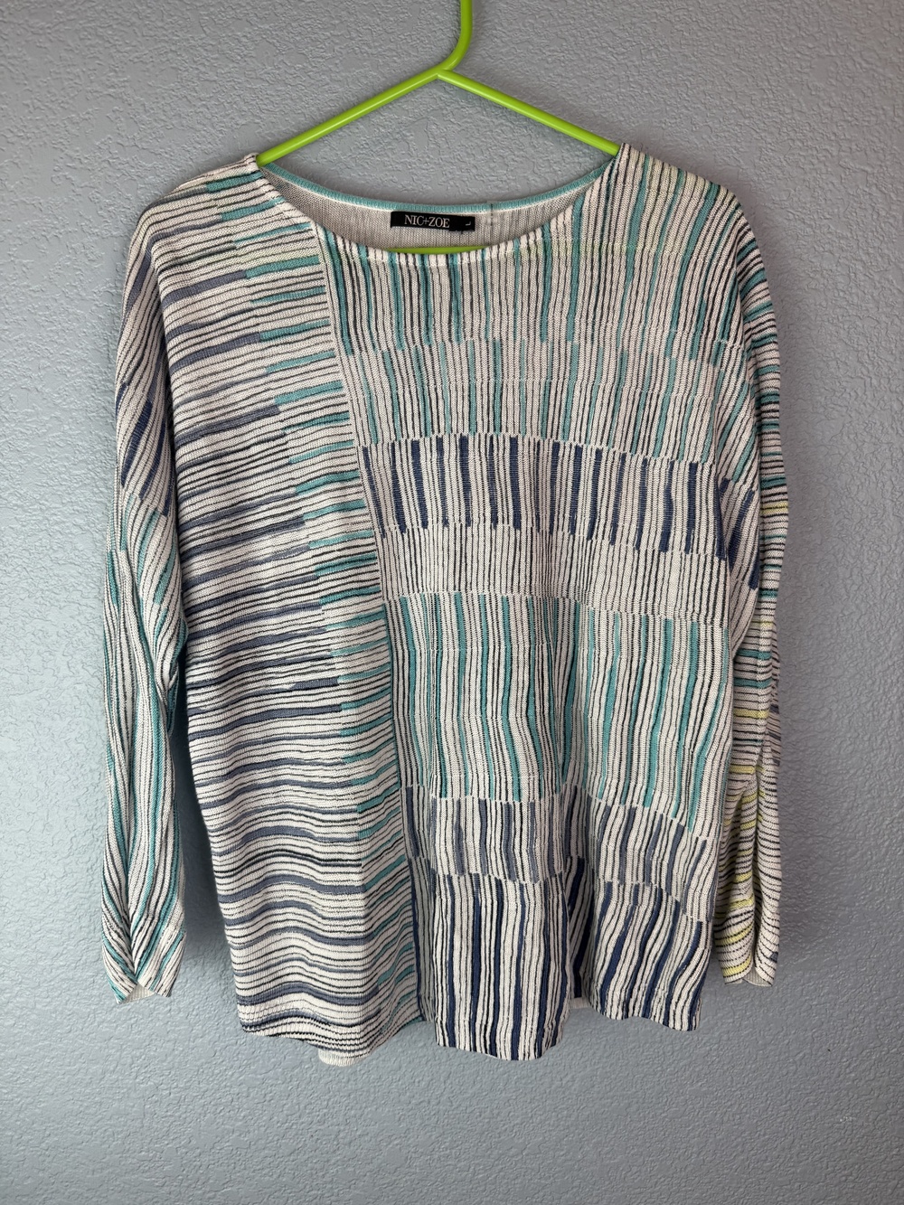 NIC+ZOE Sweater Womens Large Blue Green Striped Linen Blend Lightweight Pullover